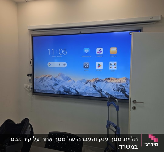 מסך גדול מותקן על קיר עם כלים וציוד עבודה